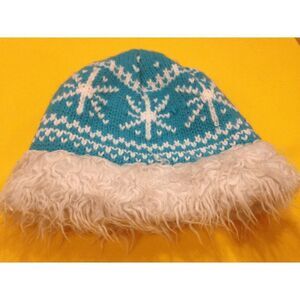 White Blue Beanie Cap Wool Winter Ski Hat Cap Fair Isle 100% Acrylic Girls 4-14